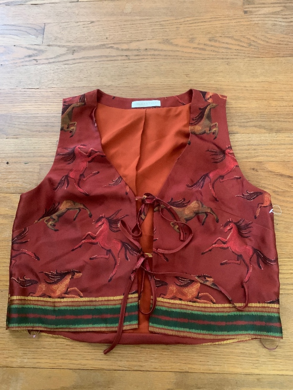 Chelsea and Violet Layla Equestrian Printed V-Neckline Sleeveless Satin Vest